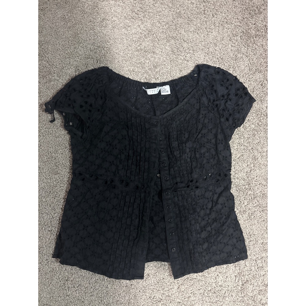 Y2K Carole Little Black 100% Linen Eyelet Pintuck Button Front Top Medium